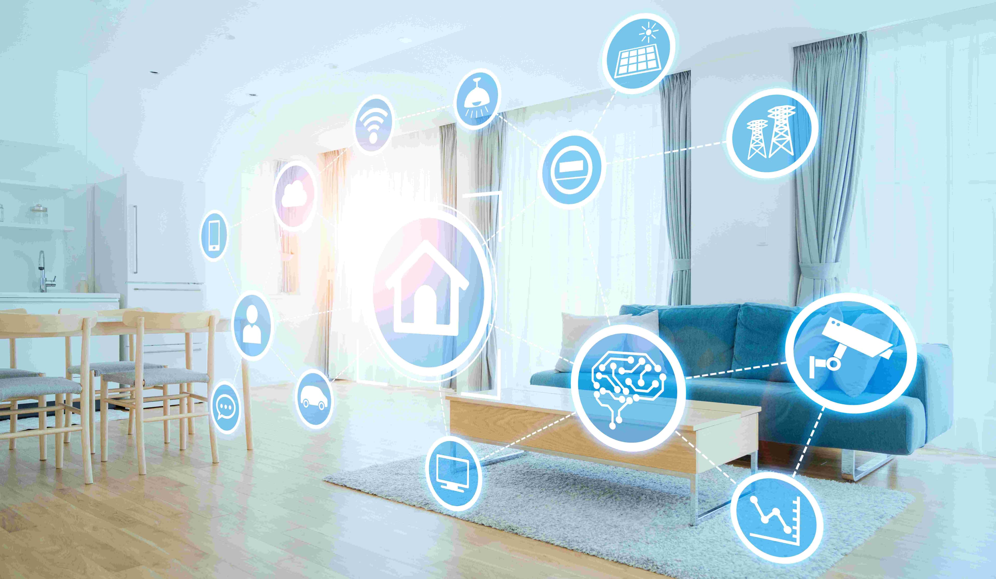 Smart home interior with connected device icons Smart home interior with connected device icons overlaid around a central house symbol