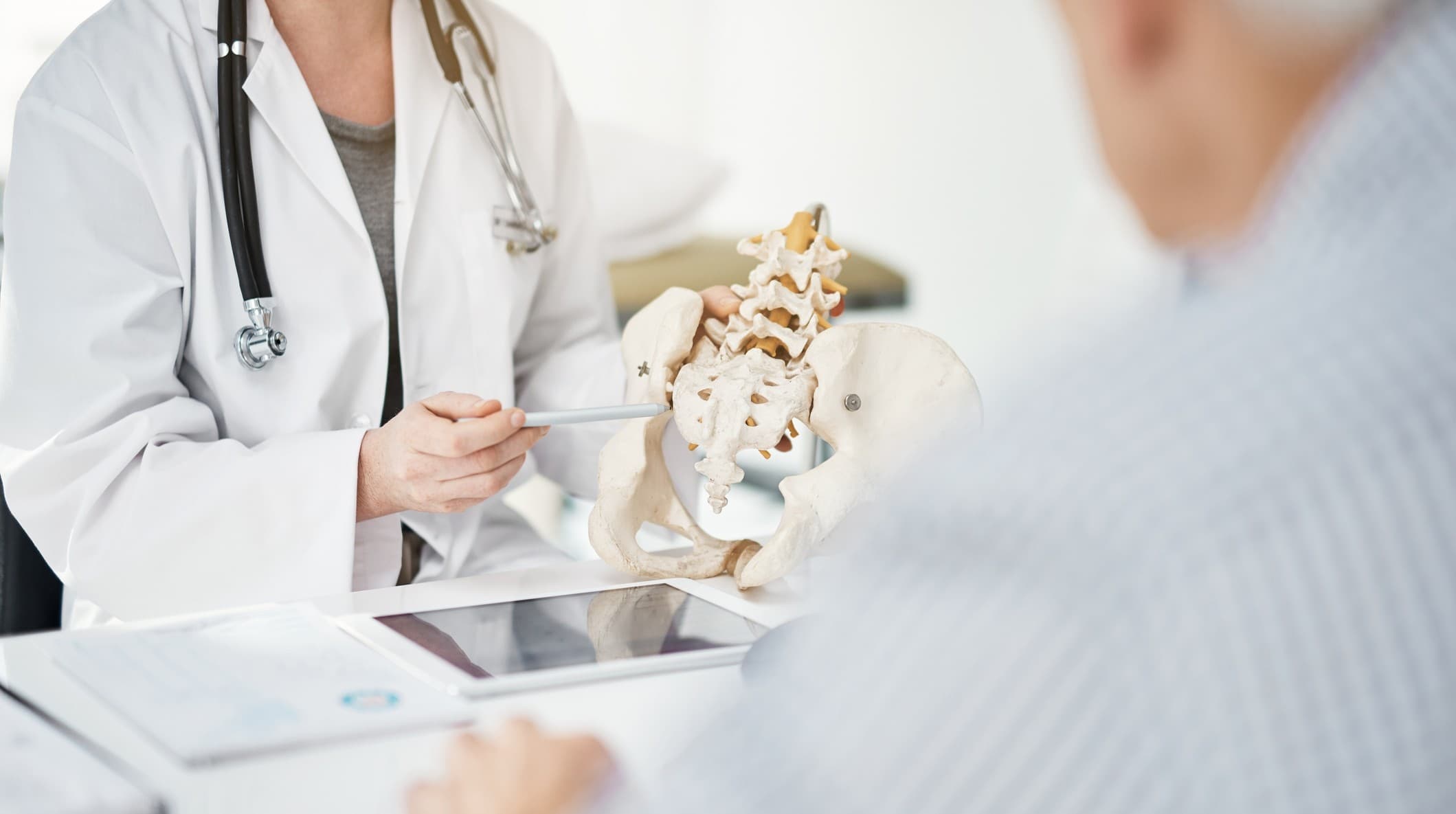 Neurogyn Doctor explaining a pelvis model to a patient during a consultation