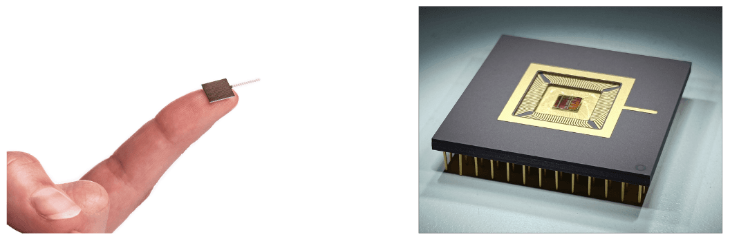 Neuropixels probe and chip A finger holding a tiny neural probe beside a square chip package on a surface
