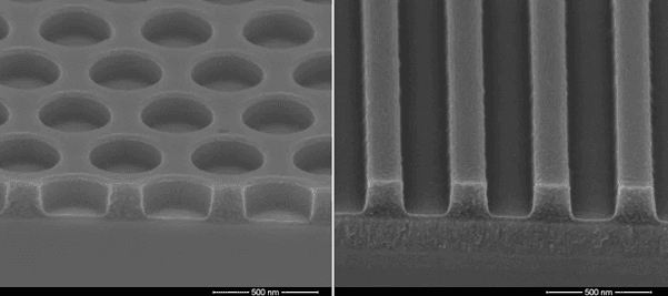 NIL%20proteomics SEM showing dense nanowells on the left and periodic nanoscale gratings on the right, both in NIL resin.