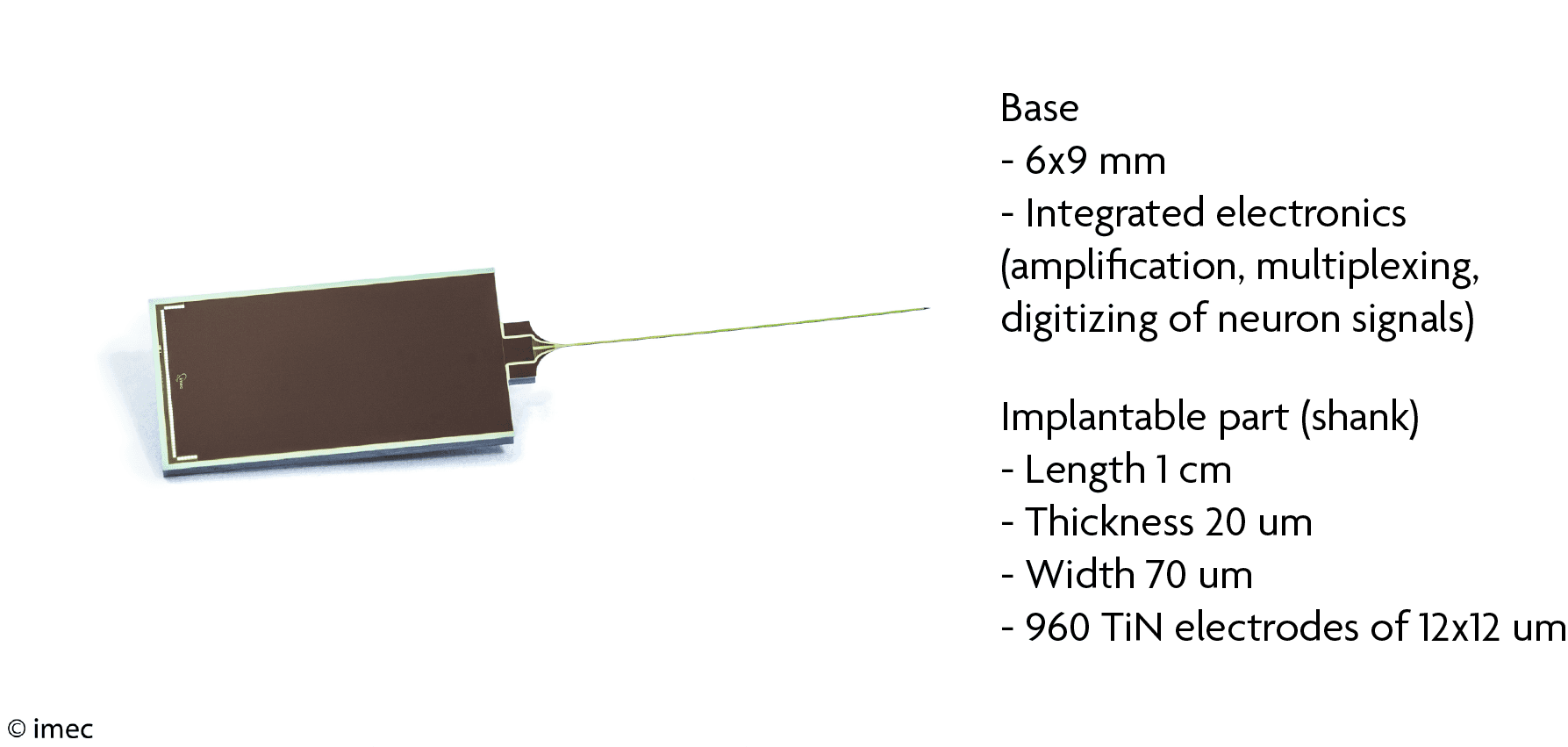 NP_specs_right_0 Neuropixels probe with a rectangular base and thin implantable shank, labeled with size and electrode specifications.
