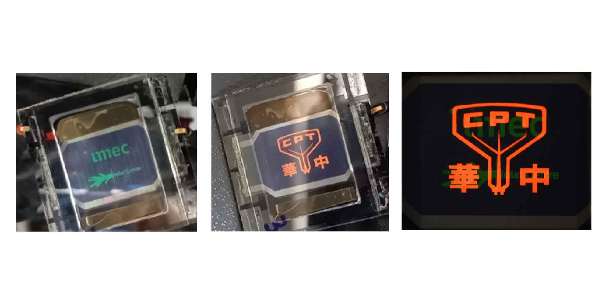 OLED-comparison Drie OLED-displaydemo's met gepatroneerde pixels en oplichtende logo's in verschillende kleurtoestanden.