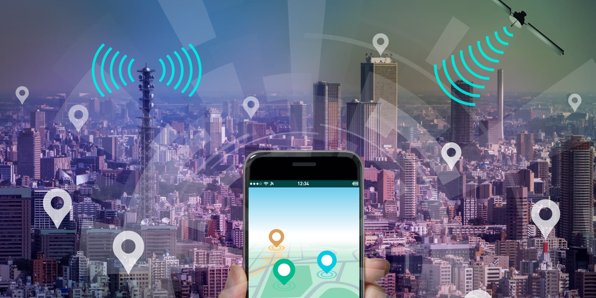 optical-beamforming City skyline overlaid with wireless signal graphics and a smartphone showing map location markers
