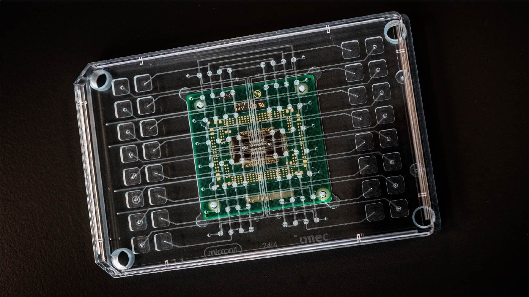 organ-on-chip-screen003_resize_1 Transparent multi-electrode array chip with dozens of sensor pads and wiring traces on a black background