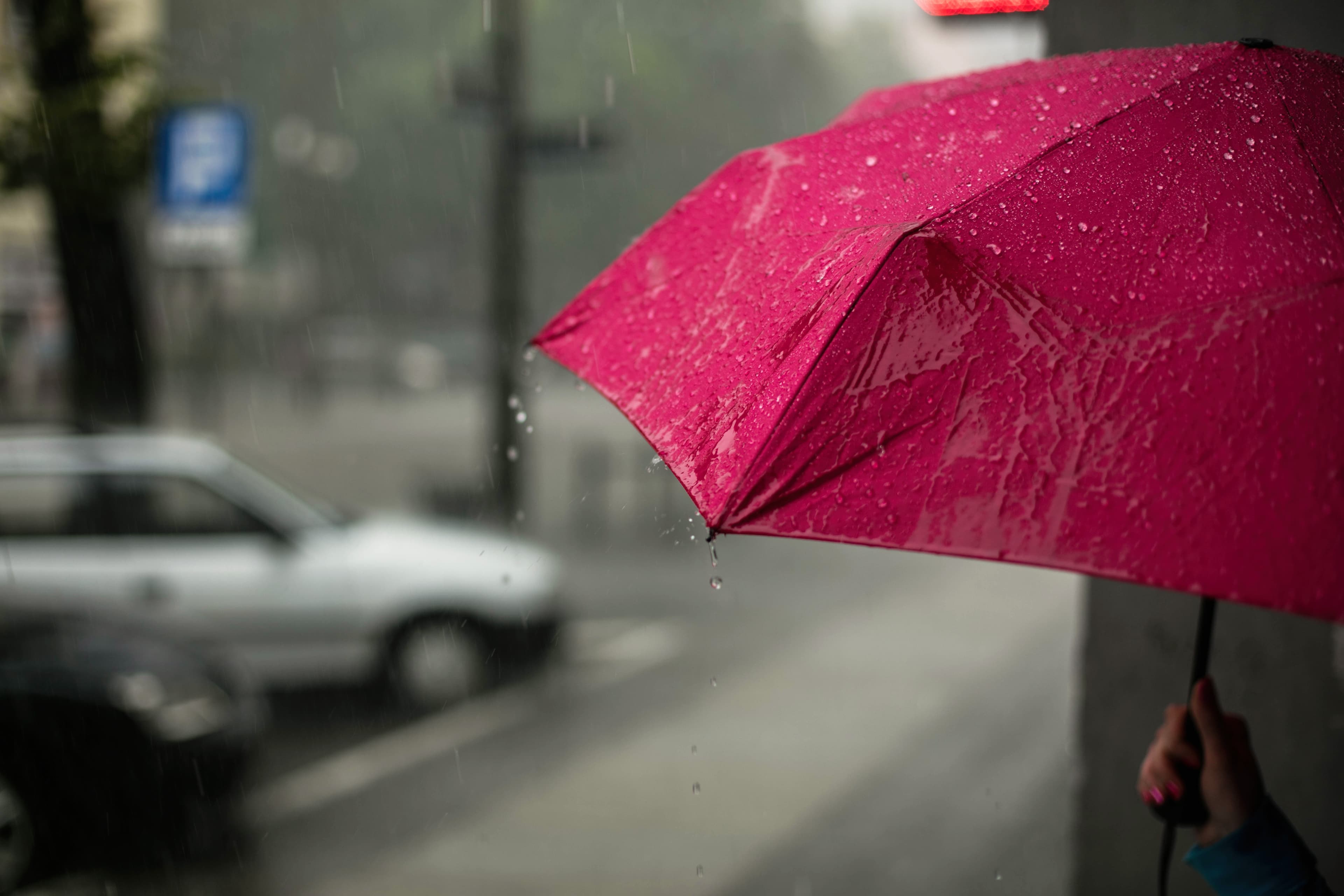 overstroming%20paraplu Roze paraplu in zware regen op een stadsstraat