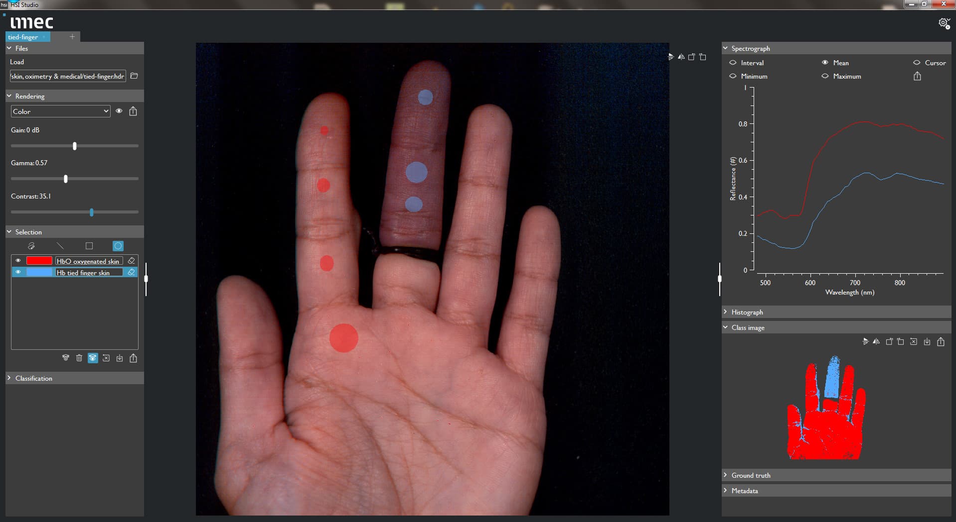 oxygenated_tied_finger_hands_SNAPSCAN_VNIR_camera_1 A hyperspectral imaging software screen shows a hand with colored analysis markers and spectral plots.
