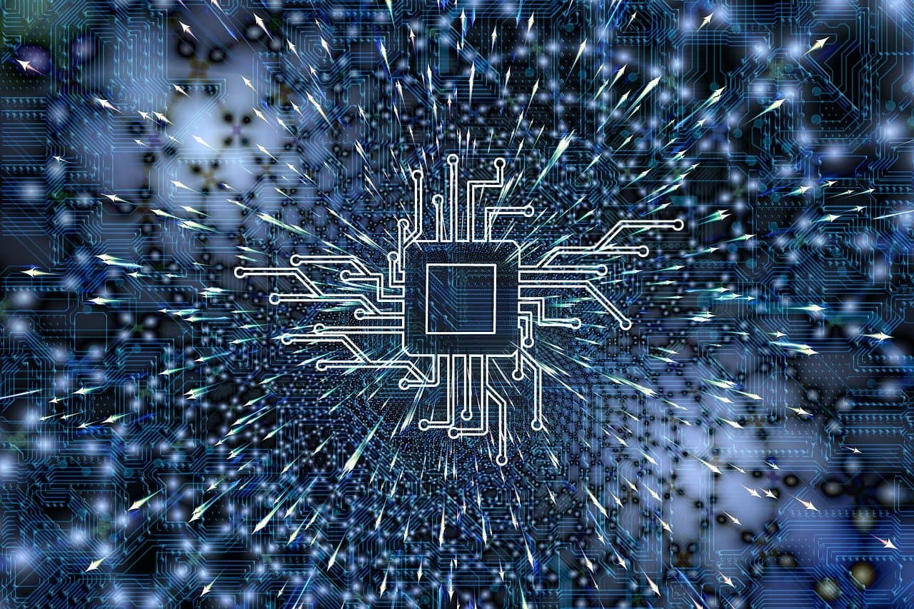 Stylized microchip graphic with circuit lines Stylized microchip graphic with circuit lines and a bright burst over a blue digital background