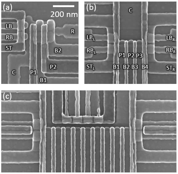 Paper-38.3-Figure-3 Scanning electron microscope views of quantum dot gate structures on a silicon device, shown in three layouts.