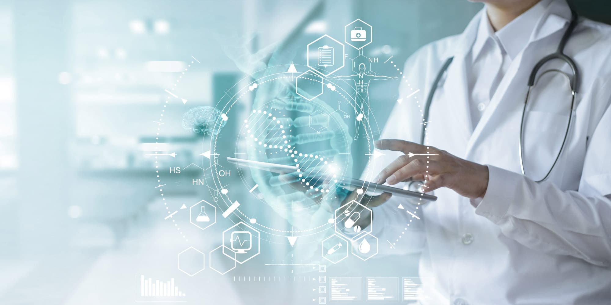 partner-with-imec-rd Doctor in a lab coat using a tablet with medical data and technology graphics overlaid