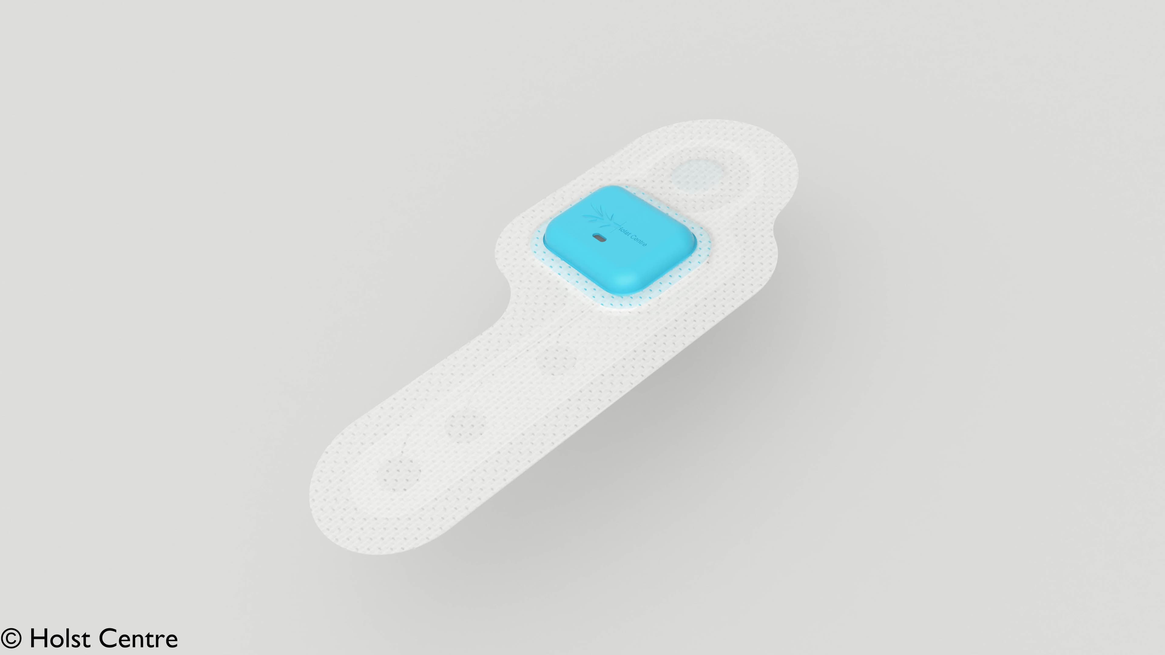 Perspective_view_complete_patch_1 Disposable health patch with a small blue sensor module for measuring vital signs
