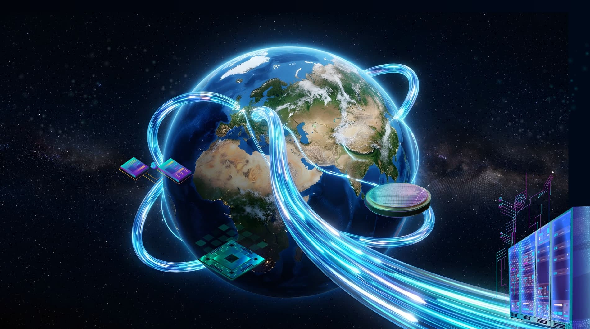 PF-Si-Interposer-2%20%281%29_0 Illustration of Earth connected by glowing data streams to microchips, wafers, and server racks