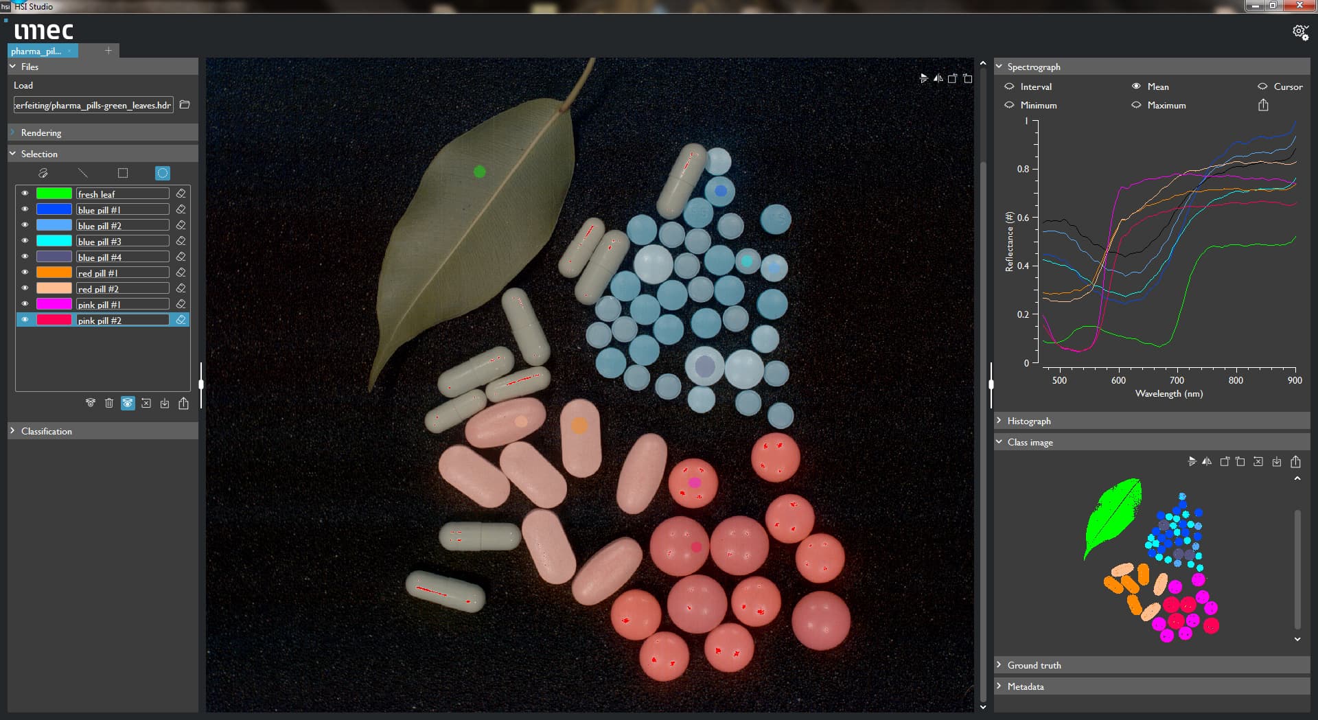 pharma_pills_classified_mean_spectras_color_1 Hyperspectral analysis screen showing grouped pills and a leaf with classified spectral signatures