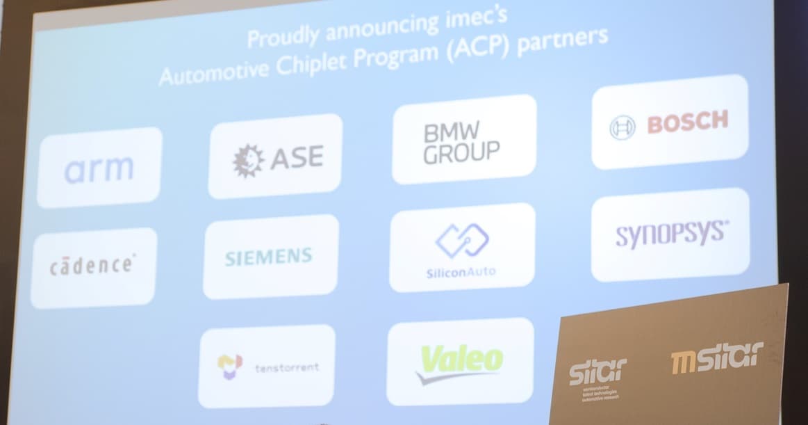 Imec Automotive Chiplet Program partners slide Slide announcing imec’s Automotive Chiplet Program partners with company logos on a blue background