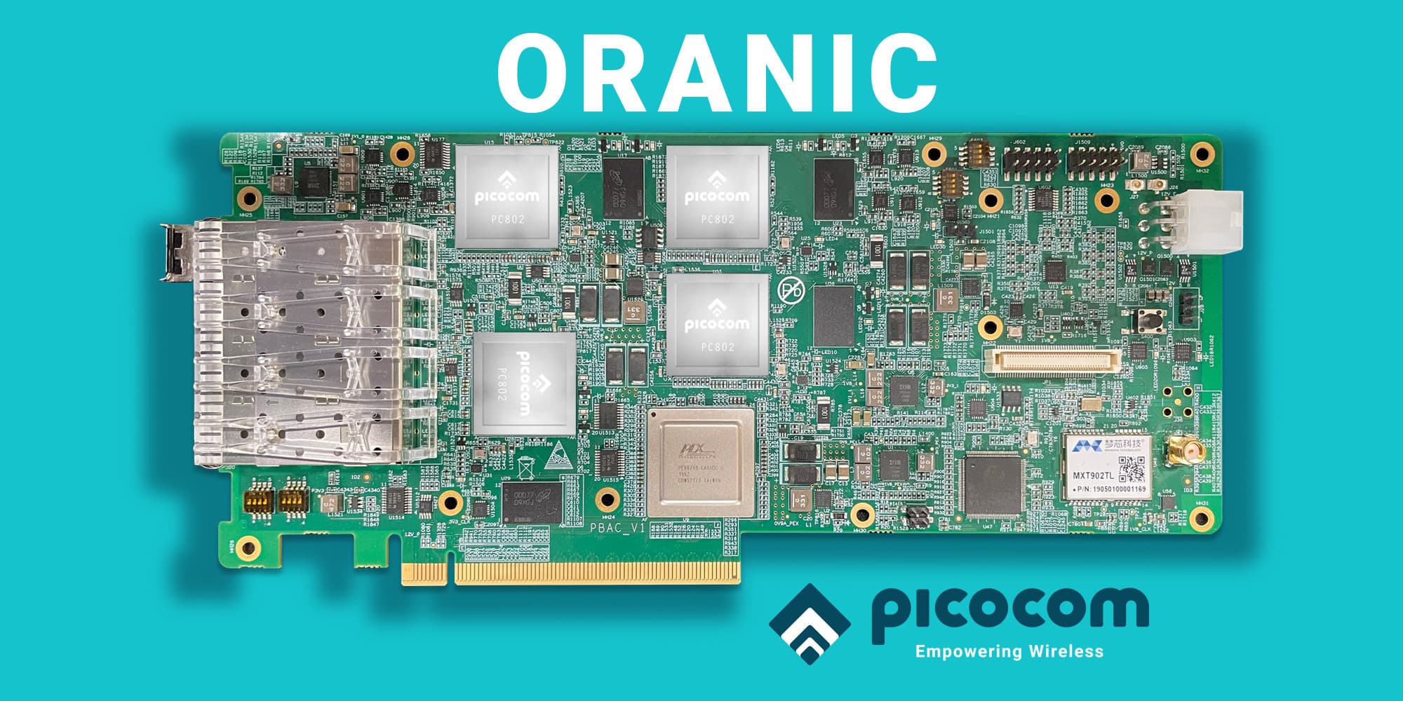 picom-organic Picocom ORANIC board with multiple PC802 chips and the Picocom logo on a turquoise background