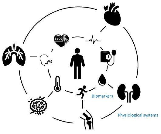 Health biomarkers and physiological systems icons Icons showing heart, ECG, blood oxygen, kidney, lung, temperature, stress, and other health biomarkers