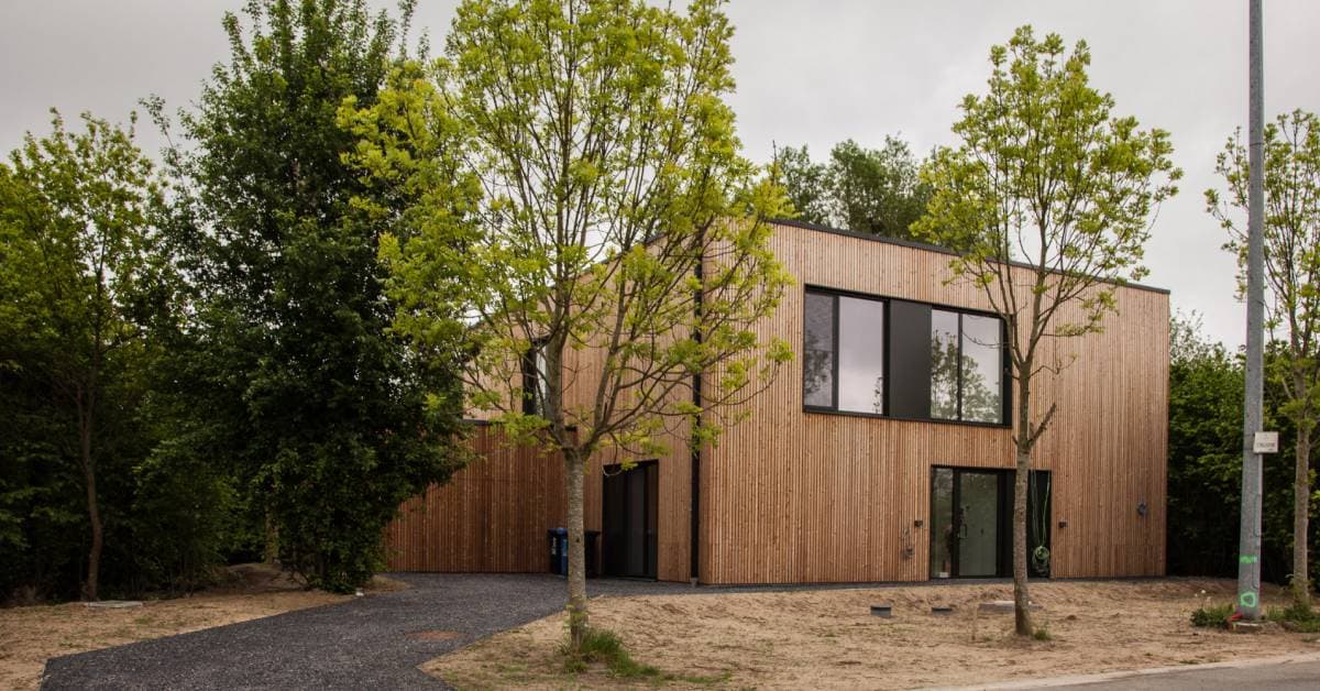 Picture_homelab_1 Modern wood-clad house surrounded by trees, with a paved driveway in front