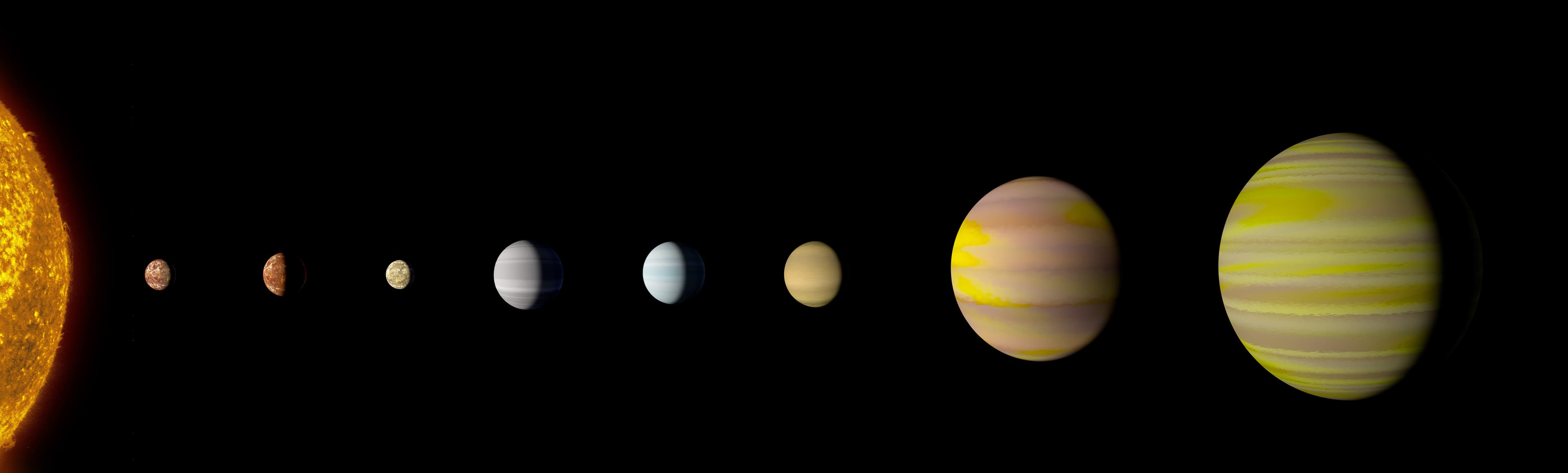 Illustration of star with eight planets aligned in orbit Illustration of a star with eight planets aligned in orbit against a black space background
