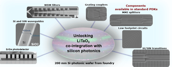Diagram of silicon photonics wafer with lithium tantalate co-integration Diagram of a silicon photonics wafer with labeled integrated components and lithium tantalate co-integration in the center