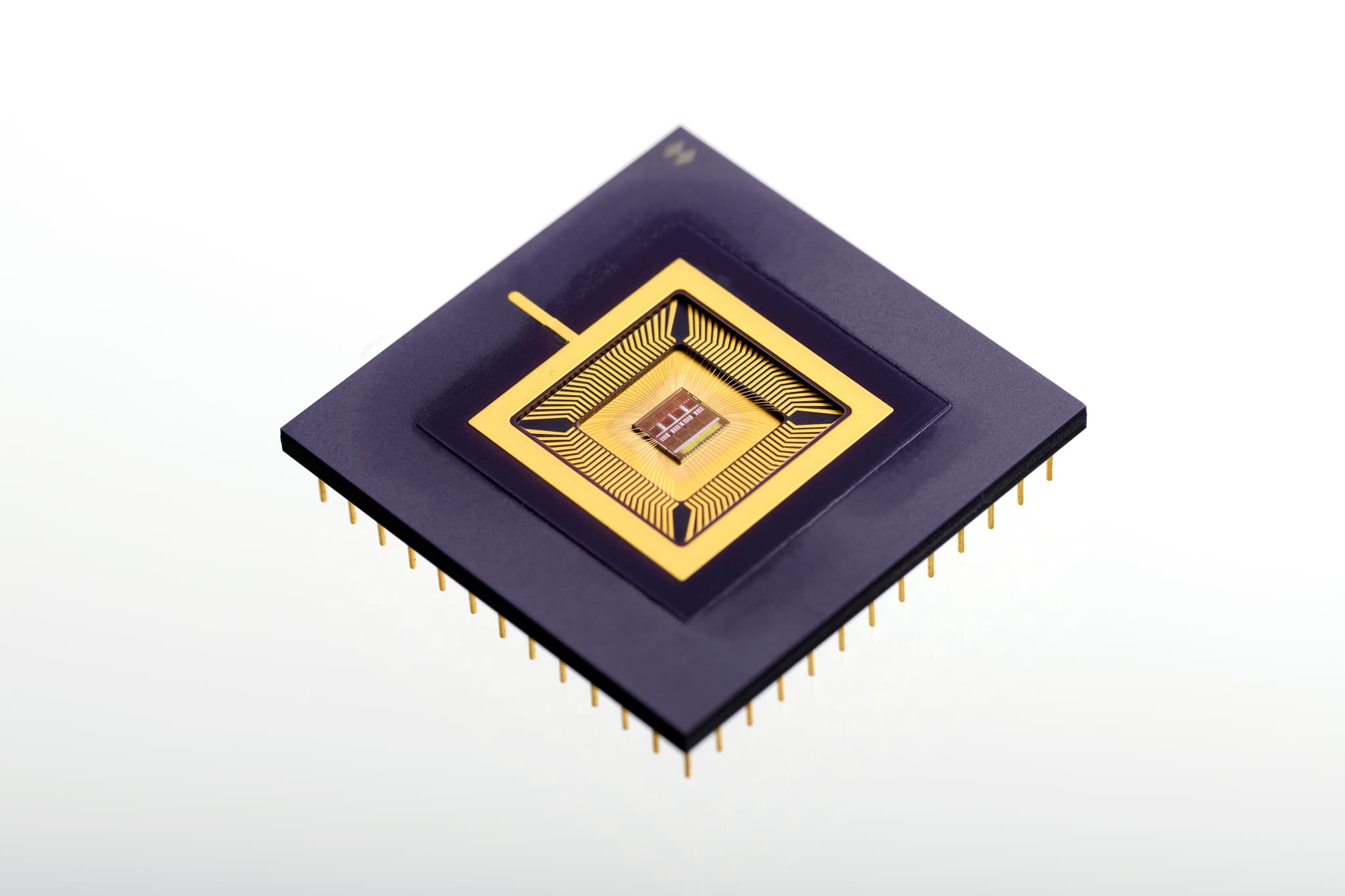 PNS-chip Square PNS chip package with a gold central die on a white background