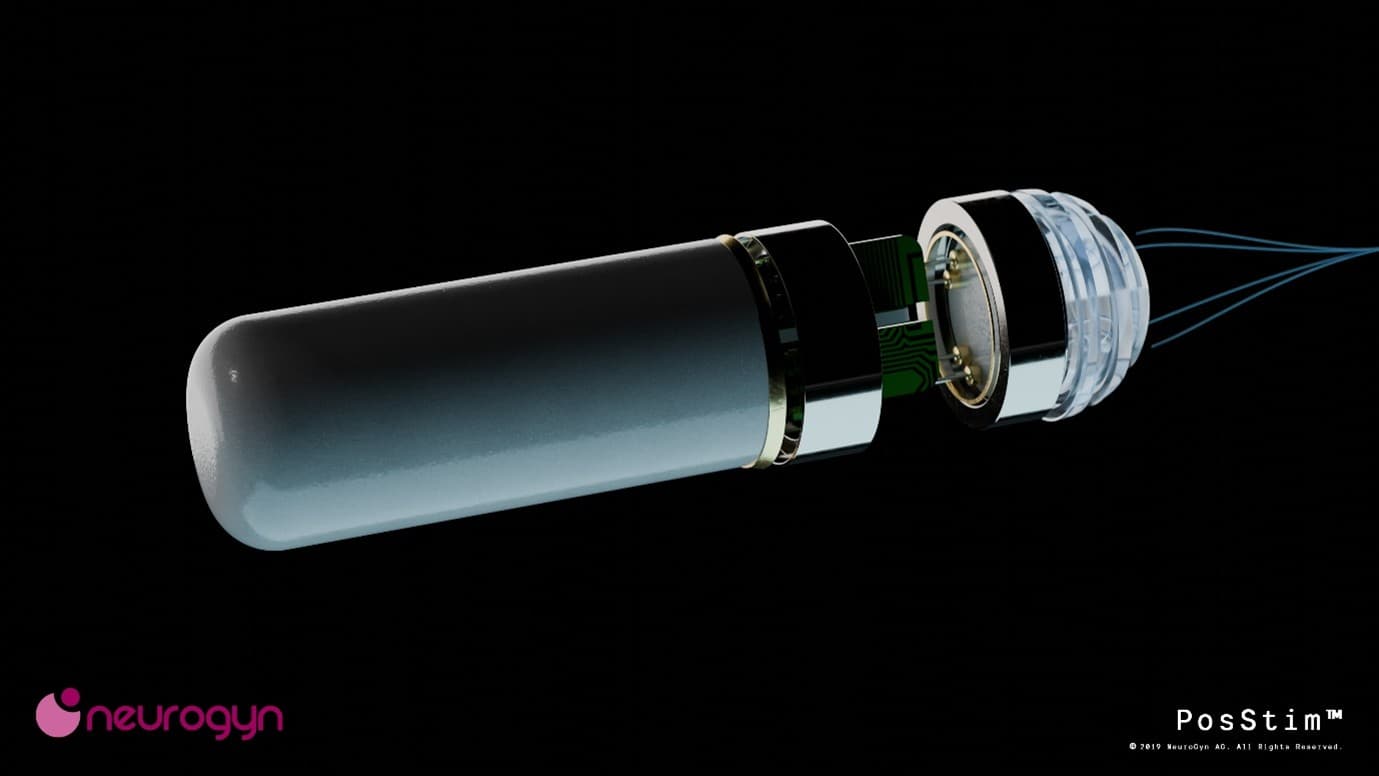 Posstim Rendered PosStim implantable neurostimulator capsule with attached electrode and NeuroGyn branding