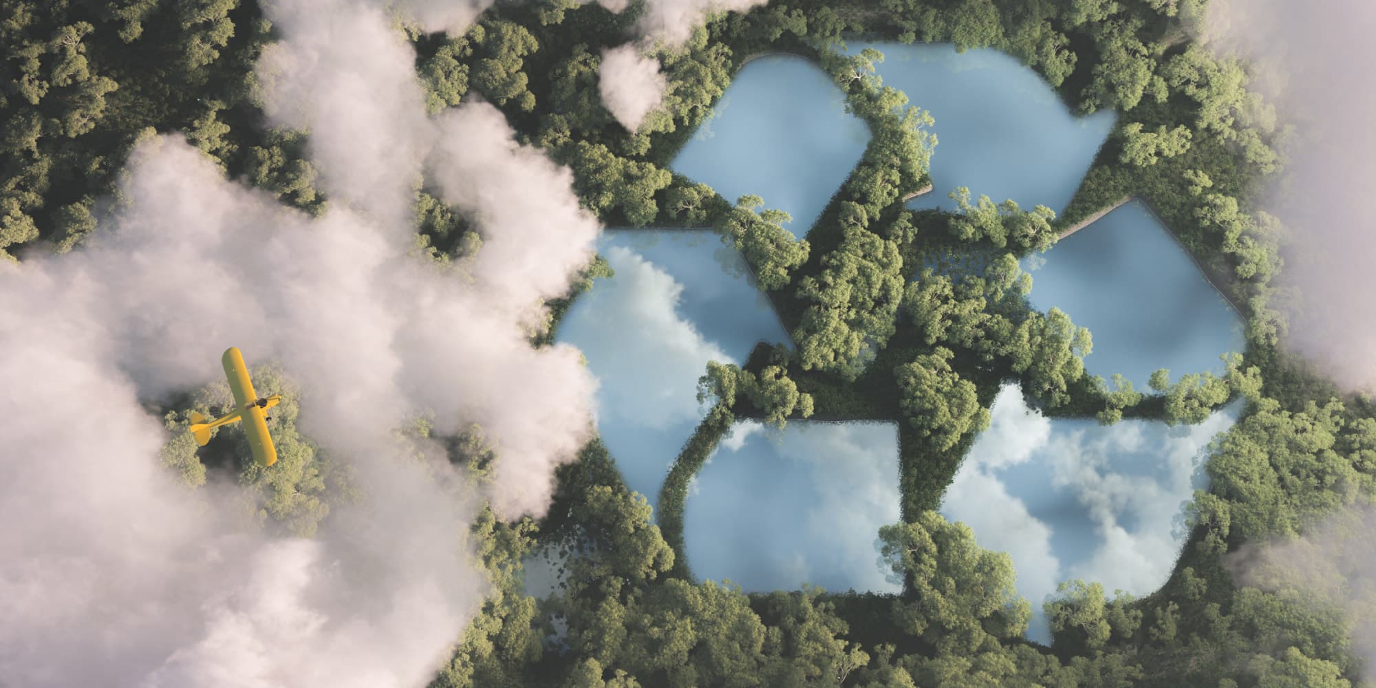 powertox Aerial view of a yellow plane flying over forest and blue water pools in the clouds