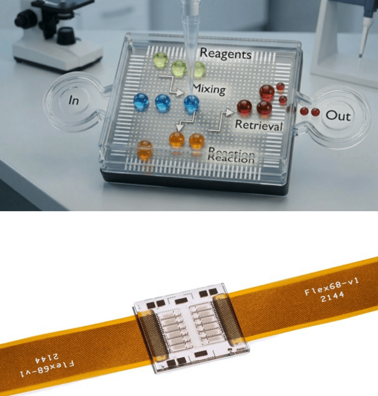 Programmable%20droplet%20processor Programmable droplet processor chip with colored droplets and labeled input and output channels