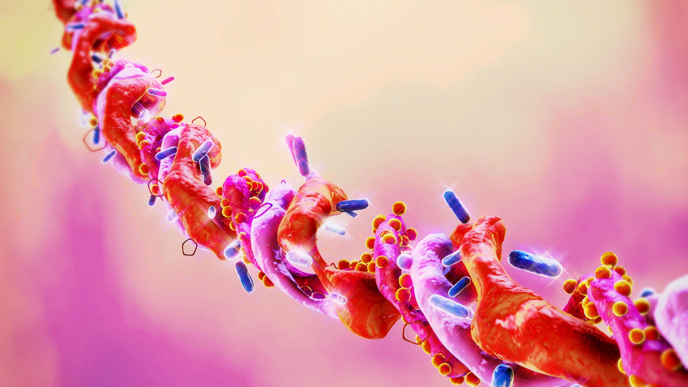Protein%20engineering Colorful protein structure with attached molecular particles, illustrating protein engineering