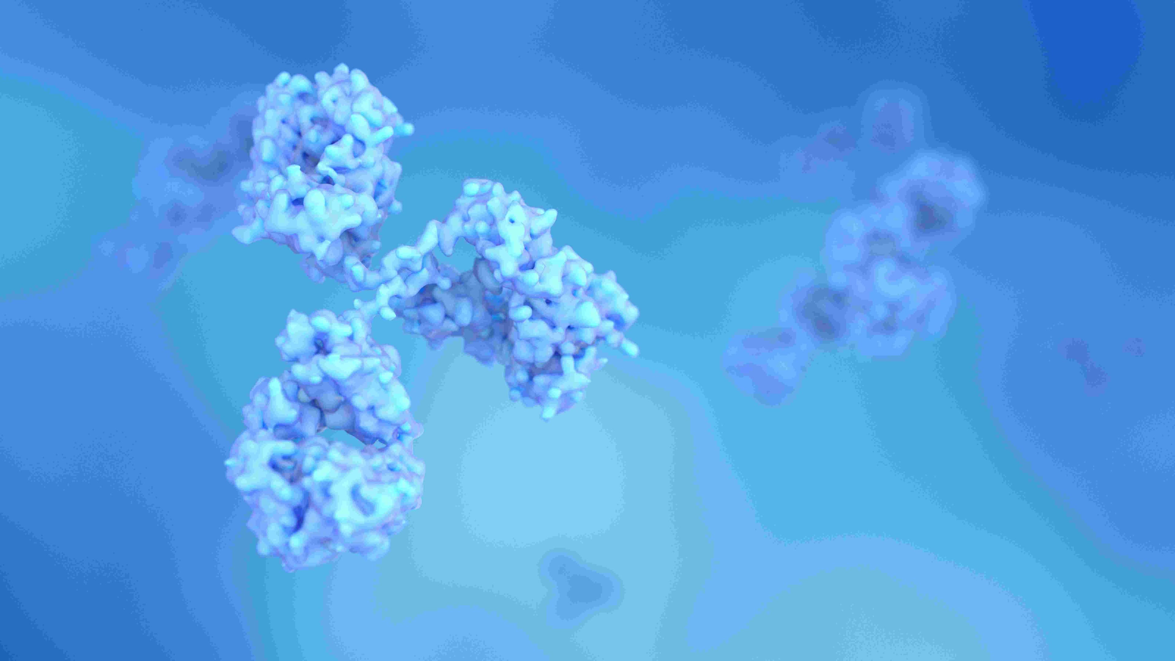 Proteomics%20sample%20preparation Stylized blue molecular structures floating on a blue background