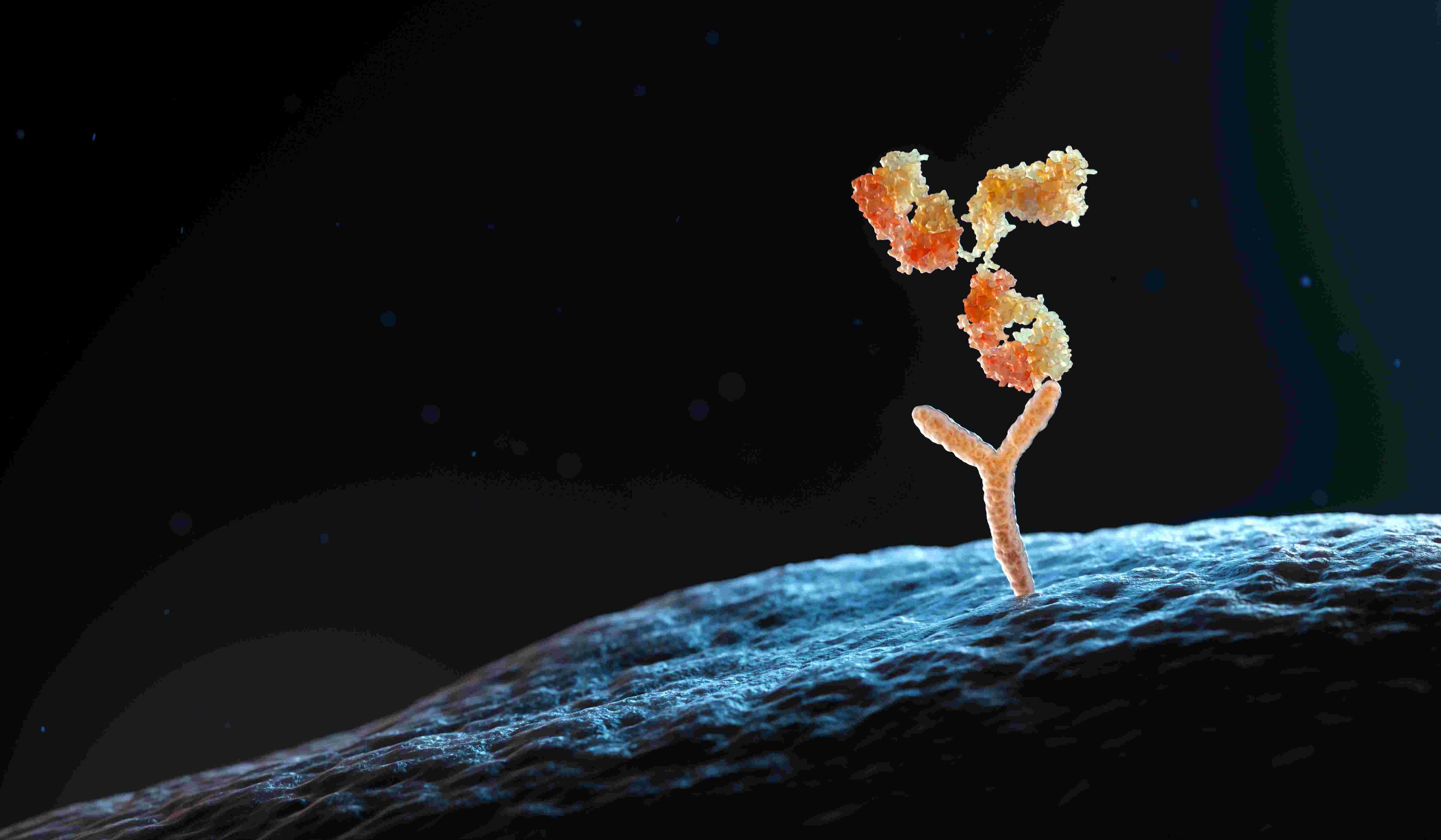 Proteomics%20sensing Antibody bound to a protein-like molecular structure above a textured surface