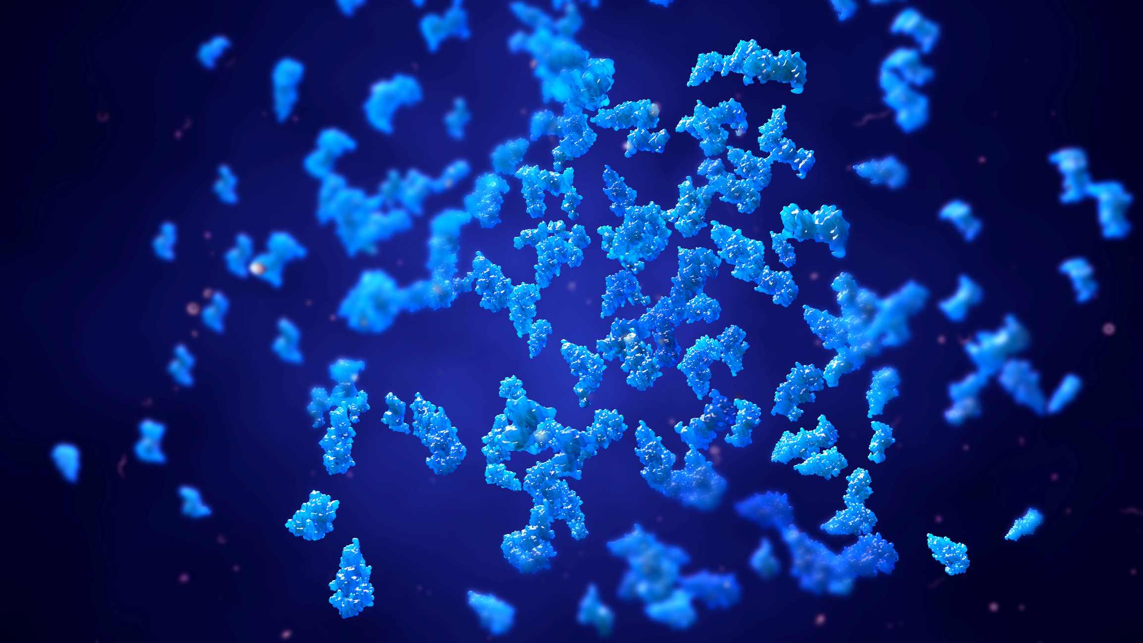 Proteomics technology illustration Blue protein structures floating on a dark background, representing proteomics technology.