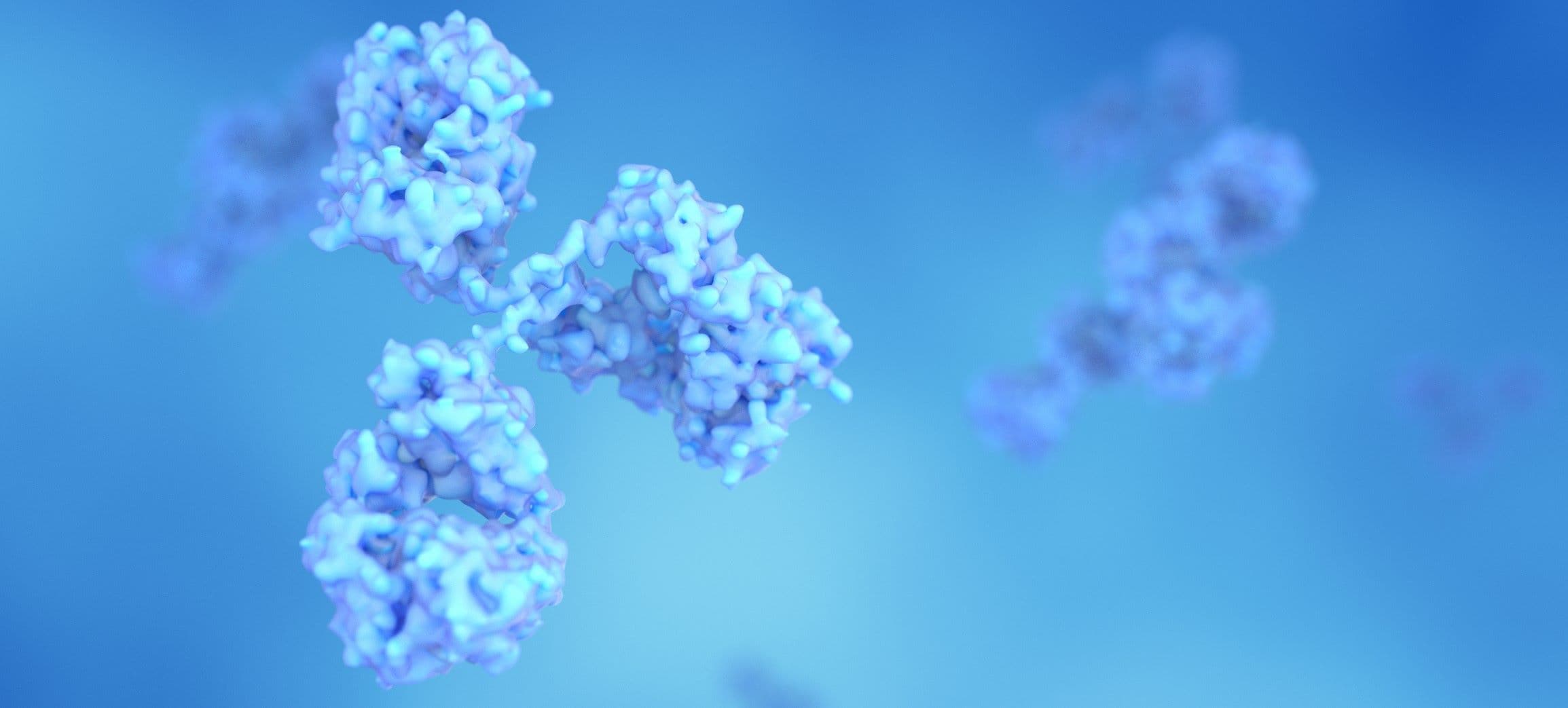 Proteomics%20technology 3D molecular model of a protein floating against a blue background