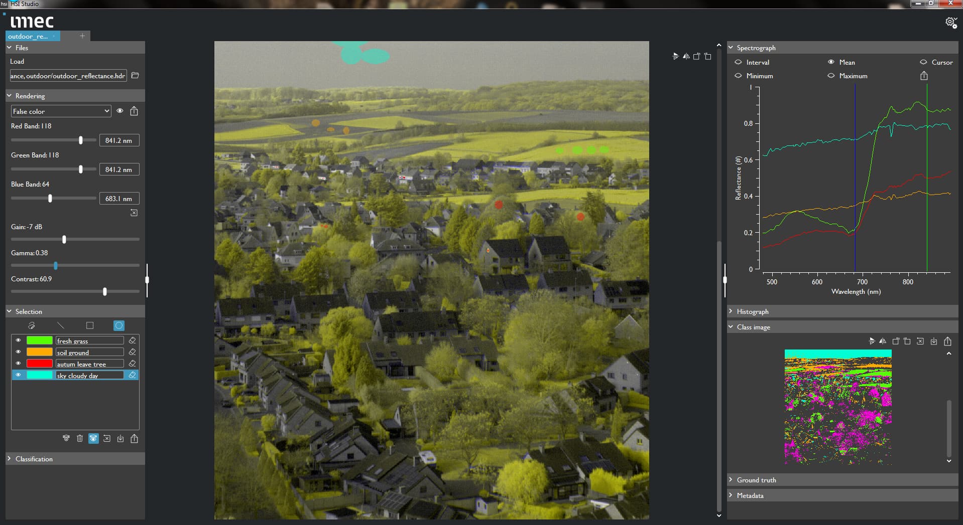 pseudo_NDVI_image_of_outdoor_hyperspectral_imaging_snapshot_picture_showing_vegetation_vigor_yellow_version_1 False-color hyperspectral image of a village and fields, with spectra plotted in the software interface