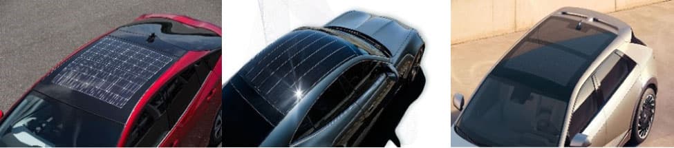 PV-sunroofs Three cars with integrated solar-panel sunroofs, shown from above