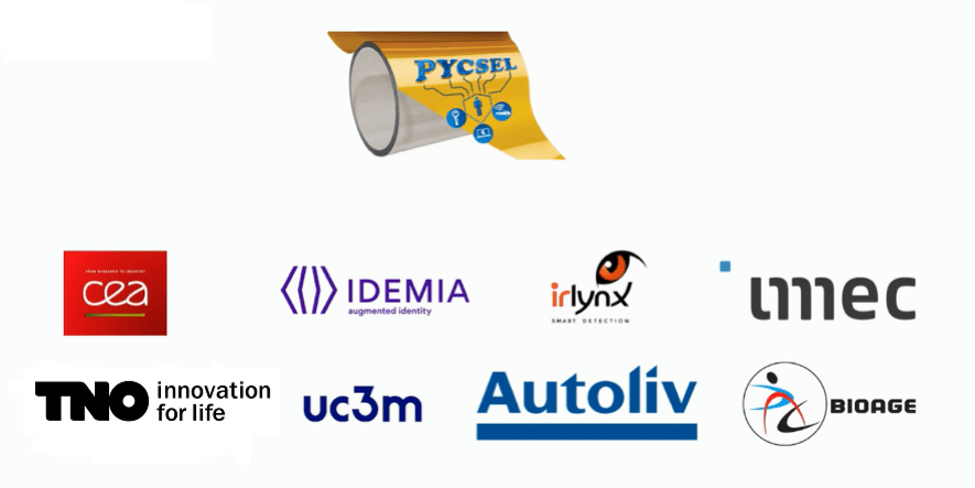 PYCSEL-partners_0 PYCSEL logo above partner logos including CEA, IDEMIA, irlynx, imec, TNO, UC3M, Autoliv and BIOAGE
