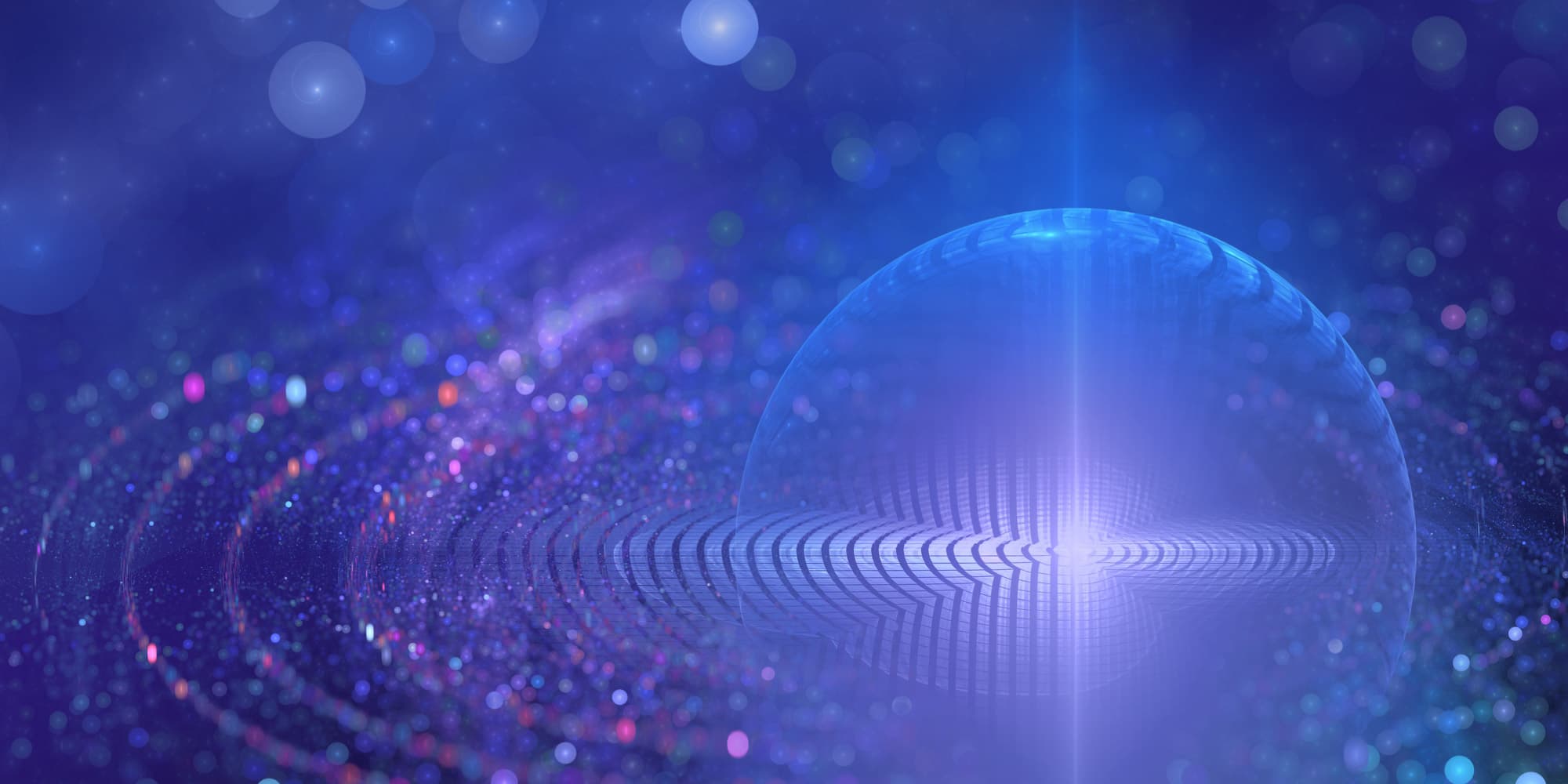 qubits Abstract quantum circuit illustration with a glowing sphere above concentric rings in a blue-purple field