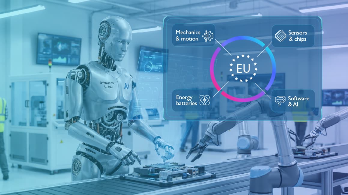 race-robots-EU Humanoïde robot die elektronica assembleert in een cleanroom, met een overlay die EU-roboticacomponenten toont