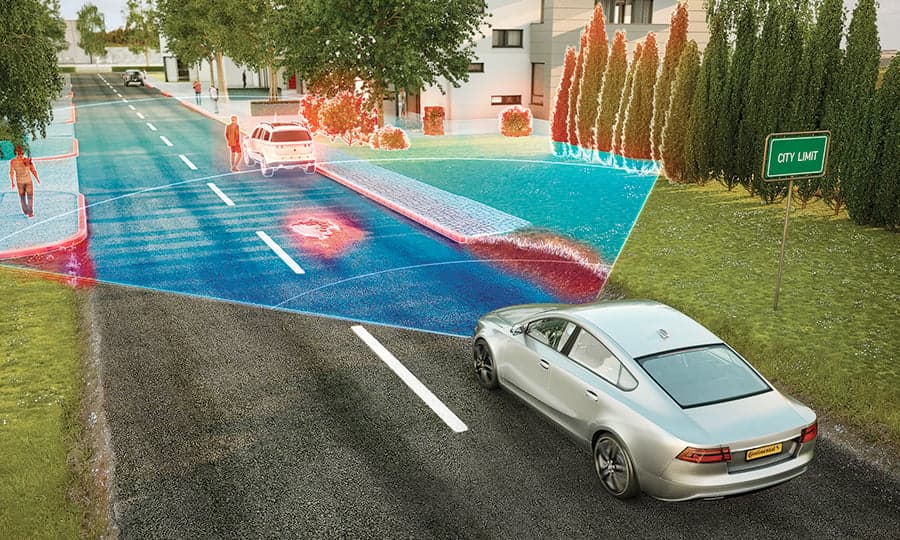 Radar%20Illustratie Zelfrijdende auto met radar en sensoren die een straat voor zich scant