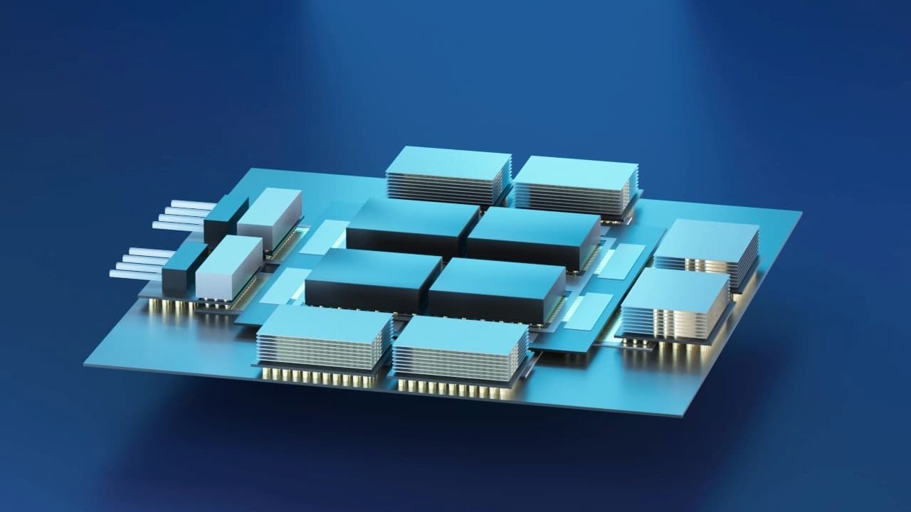 3D rendering of stacked chip interconnects 3D rendering of a chip package with stacked interconnect blocks on a blue background