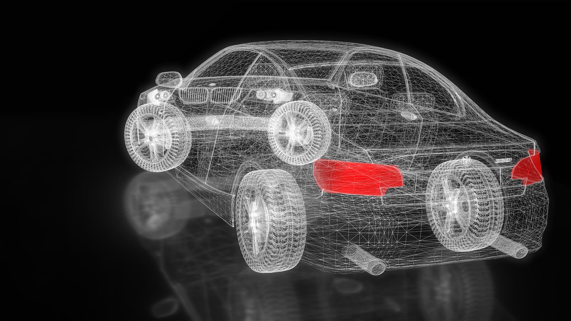 Reading%20Room_Header%20Image_0 Wireframe car with highlighted red rear sections on a black background, suggesting automotive electronics and safety systems.
