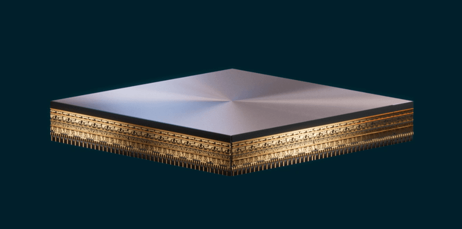 Reconfigurable%20compute 3D render of a stacked reconfigurable chip with exposed circuitry on a dark background