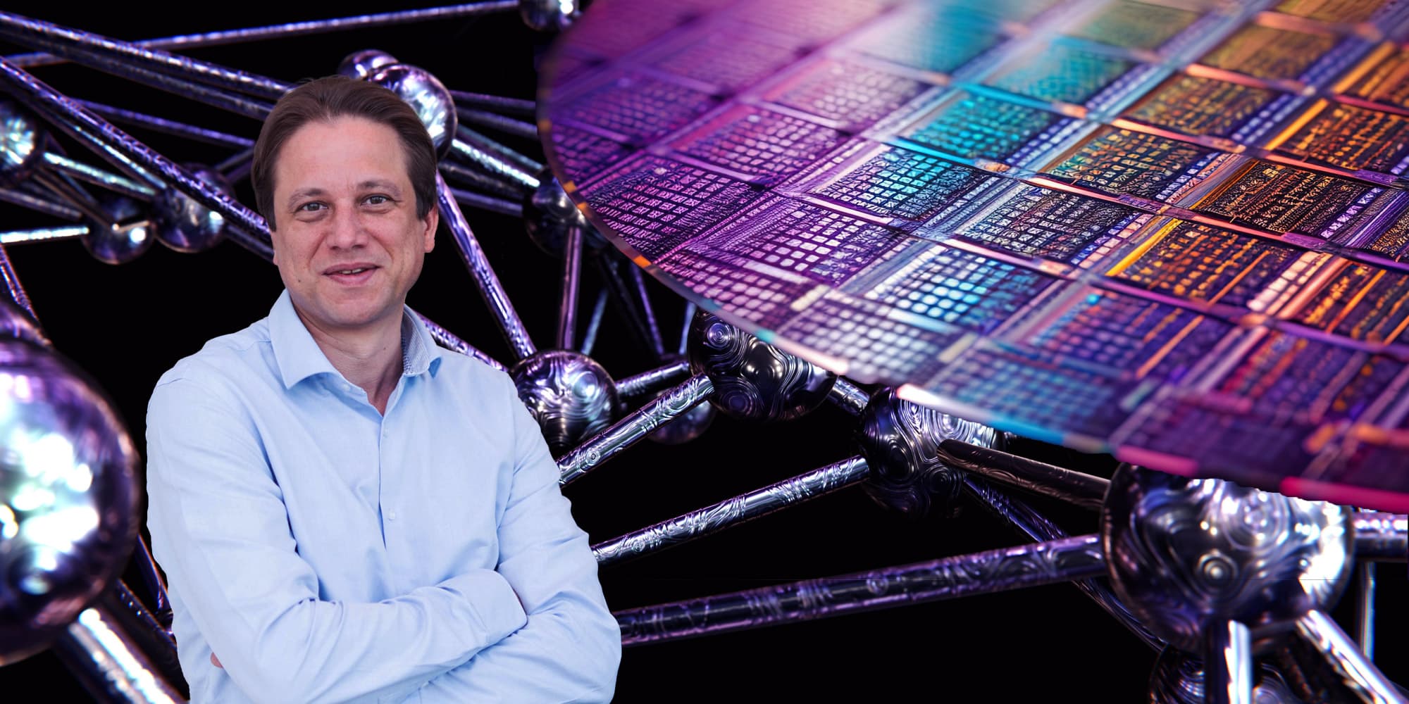 Resistivity-research-uncovers-thin-film-star-material Portrait of a researcher in front of a colorful thin-film microchip graphic and metallic lattice structure
