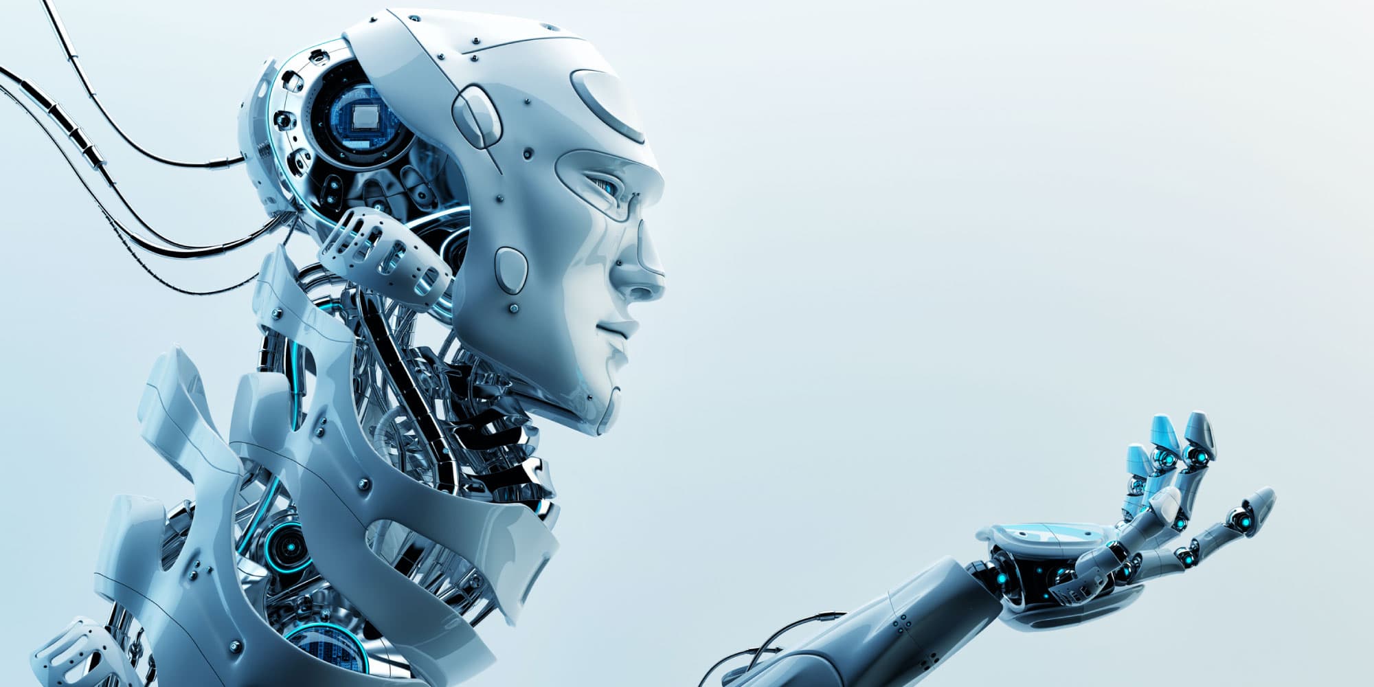 robot Futuristic humanoid robot in profile with an outstretched hand and visible internal mechanisms
