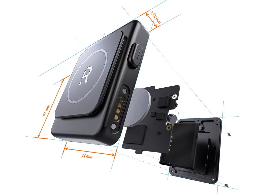 Rombit Exploded view of a compact black wearable safety device with dimension markings
