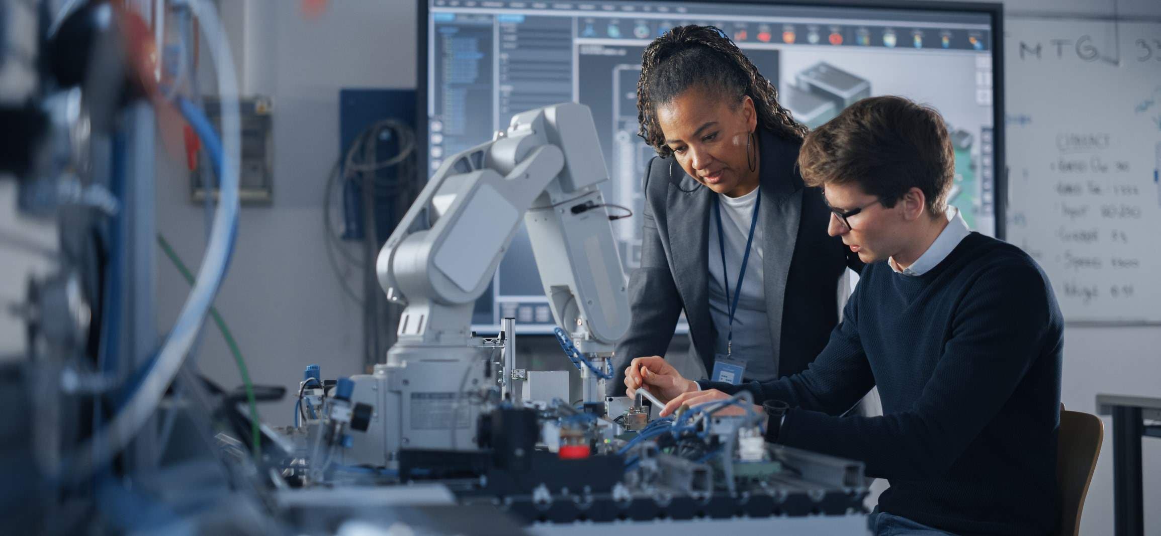 SAFEBOT_0 Researchers examine a robotic arm in a lab setting.