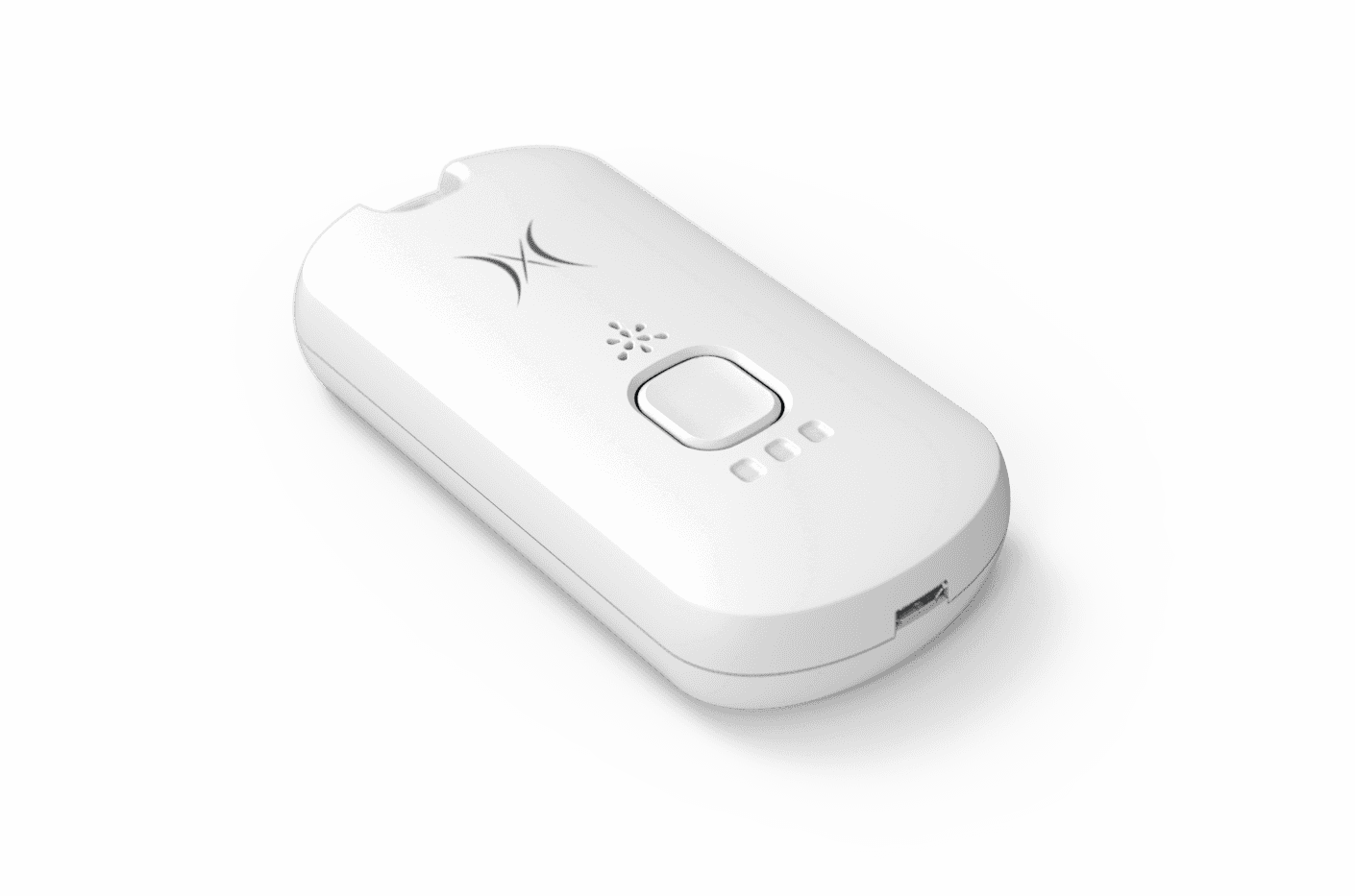 safedistance_wearable Wit SafeDistance draagbaar apparaat met een centrale knop en kleine indicatielampjes