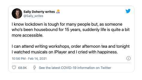 Sally%20Doherty%20twitter Twitterbericht van Sally Doherty over hoe de lockdown het leven toegankelijker maakt voor mensen die aan huis gebonden zijn