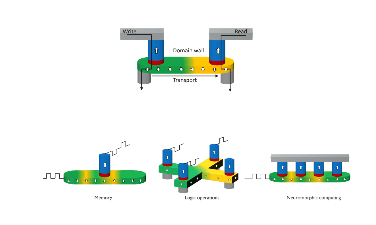 Diagram of domain wall device with applications Diagram of a domain wall device with write and read elements, and applications in memory, logic, and neuromorphic computing