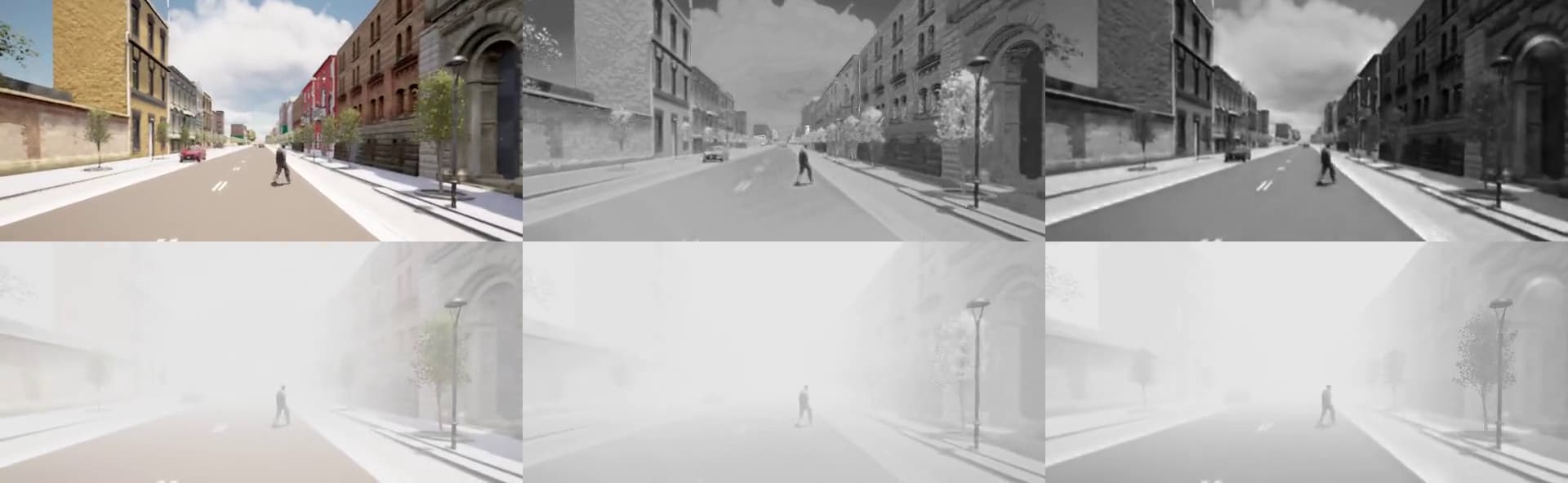 SENSAI Simulated RGB and infrared street views showing reduced visibility in heavy fog