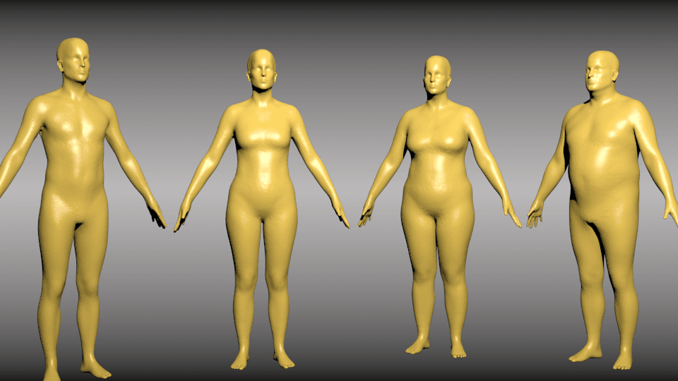 shavatar_avatars Four gold 3D human body models shown from different angles on a gray background