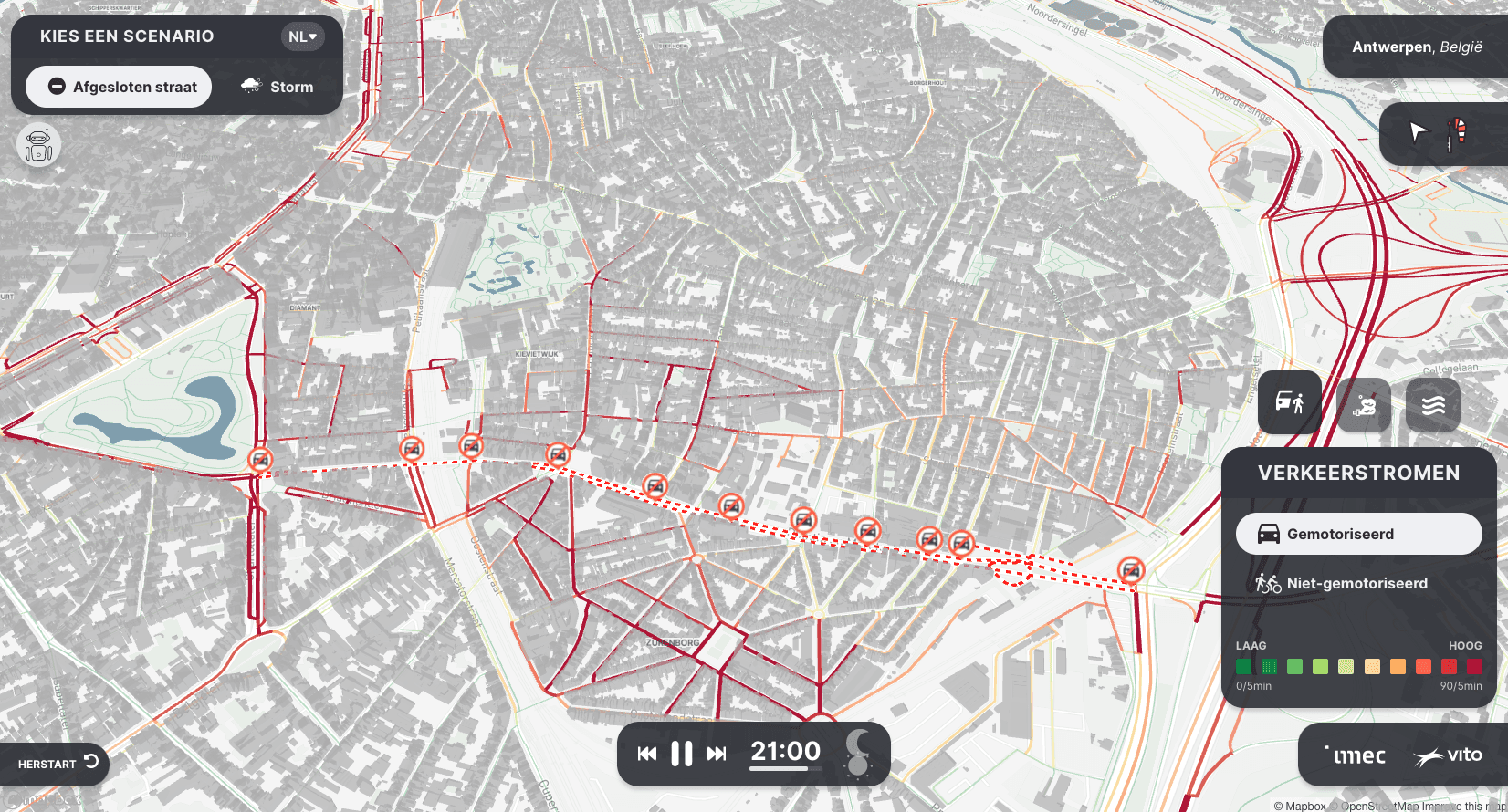 Simulatie%20proefversie%20stedelijke%20digitale%20tweeling Stedelijke digitale tweeling die verkeersstromen en een afgesloten straat in Antwerpen toont